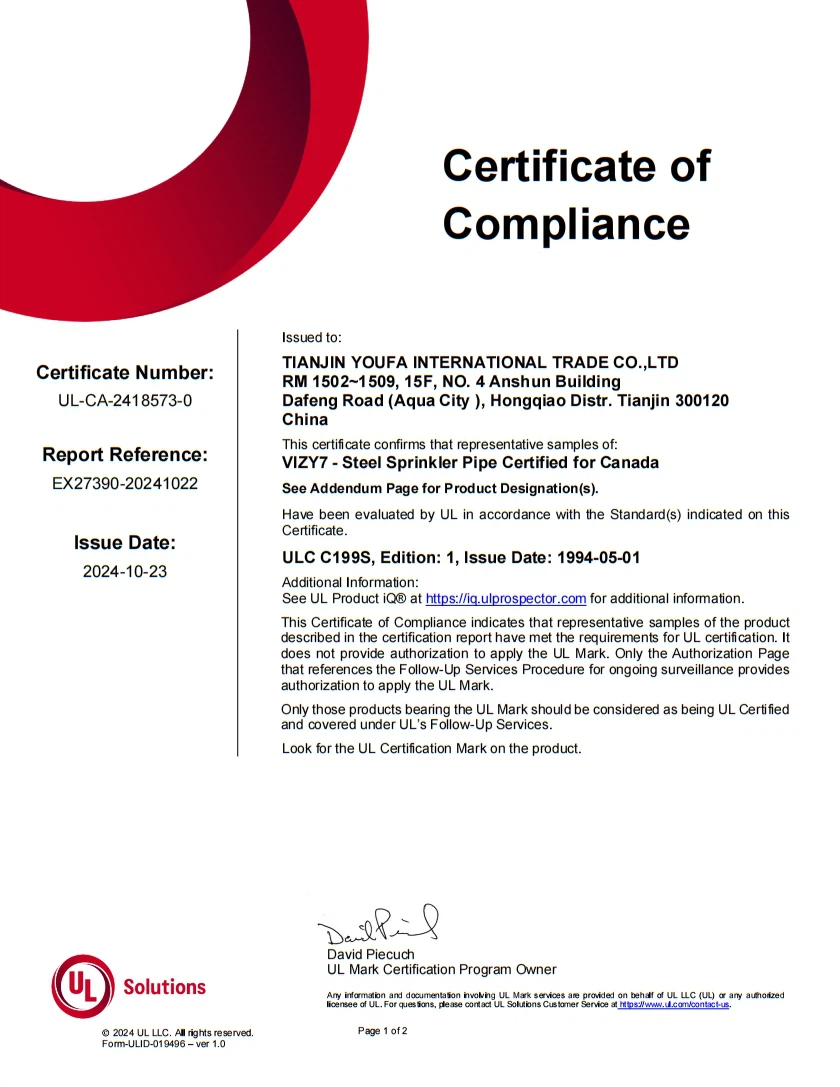 Ul Certificates For Fire Sprinkler Pipe CANADA Ul Certificates For Fire Sprinkler Pipe CANADA